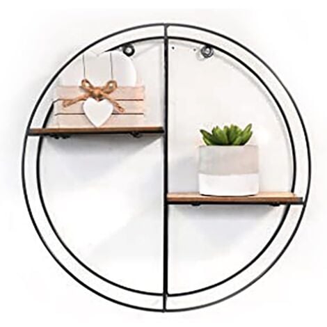 Modern Wooden Round Shaped 2 Tier Floating Shelves - Wall Mounted Black Metal Wall Shelf, Industrial Display Rack Hanging Shelf for Office, Kitchen, Bathroom, Bedroom, Living Room Decor