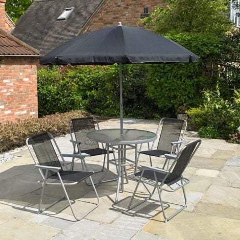 6 Pc Garden Patio Furniture Set 4 Seater Dining Set Parasol Glass Table And Chairs
