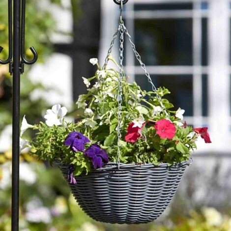 Slate Faux Rattan Basket 14in Garden Hanging Baskets for Floral Decorative Ornamental Outdoor Indoor Wall Mounted Bracket Chain Planter Basket (1/2)