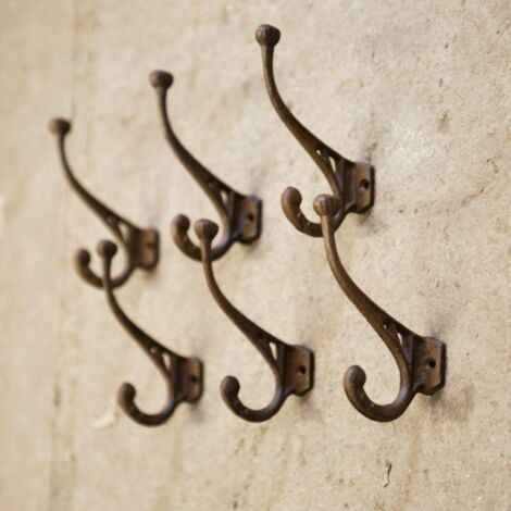 6pc Scroll Cast Iron Hook Set, Strong Antique Rustic Brown Cast