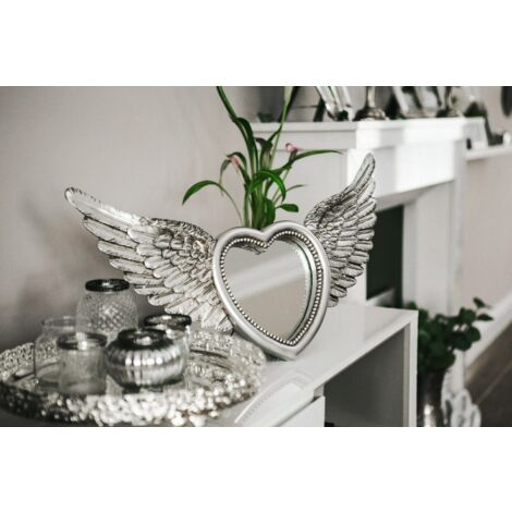 Heart Shaped Angel Wing Mirror, Large Rustic Silver Mirror with Distressed Feathered Angel Wings - Vintage Retro Shabby Chic Style Wall Mounted Freestanding Vanity Mirror for Living and Bedroom Orname (1/5)