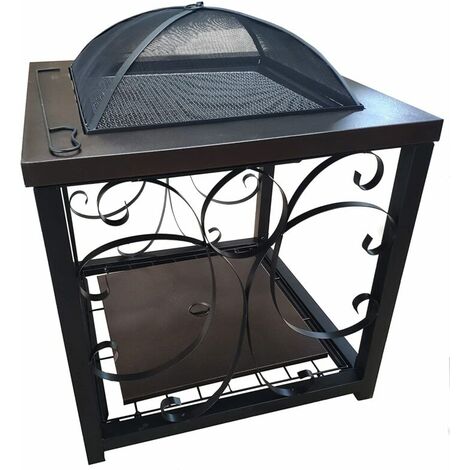 BBQ Fire Pit, Large Steel Square Black with Bronze Effect Table Fire Pit / BBQ Black Outdoor Garden Log Burner Wood Burner Patio Heater Brazier with Poker
