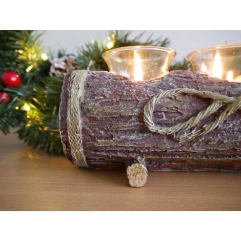 Rustic Log Tea Light Candle Holder with Stylish Glass Candle