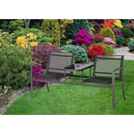Garden Furniture 2-Seater Garden Bench with Glass Table Black Metal Love Seat Patio Seat Garden Seats