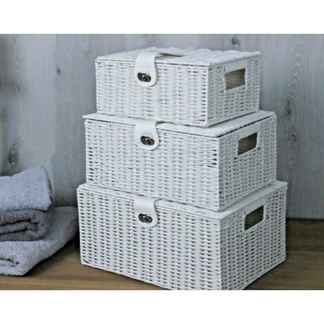 Set of 3 White Wicker Baskets for Storage and Hampers