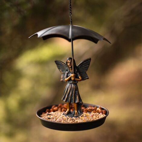 Resin fairy bird feeder with umbrella – Durable metal and resin – Weather-proof design – Decorative garden ornament – Garden Mile (1/5)