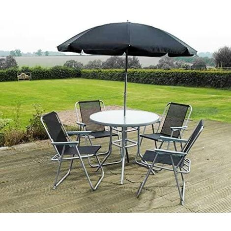 6pc Black Garden Furniture Set (Dining Table, 4 Chairs & Parasol)