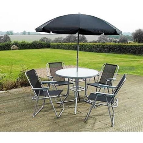 6pc Black Garden Furniture Set (Dining Table, 4 Chairs & Parasol)