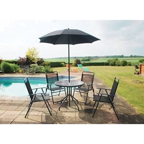 6pc Black Garden Furniture Set (Dining Table, 4 Chairs & Parasol)