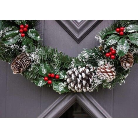 Christmas Snow Topped Wreath with Faux Berries & Pine Cones 50cm