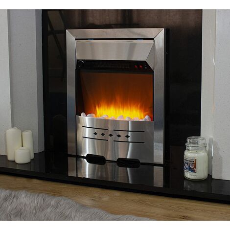 Electric Fire Silver Fireplace Heating with Realistic 3D Flame Effect Lighting & Decorative Pebbles Quiet Fan Freestanding 59cm Heater