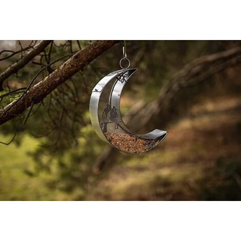 Silver Half Moon Hanging Bird Seed Nut Feeders Mounted Outdoor Garden Feeding Station Wild Birds Food Treat Feeder Weatherproof Metal Novelty Feeder