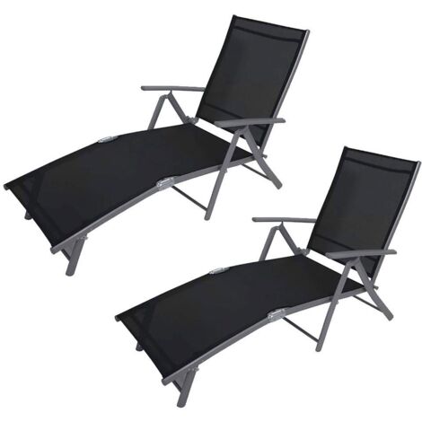 2x 7 Position Sun lounger, Black and Grey Aluminium Frame Garden Furniture, Reclining Decking Chair Lounger, Powder Coat Finish with Black Sling (2x GREY)