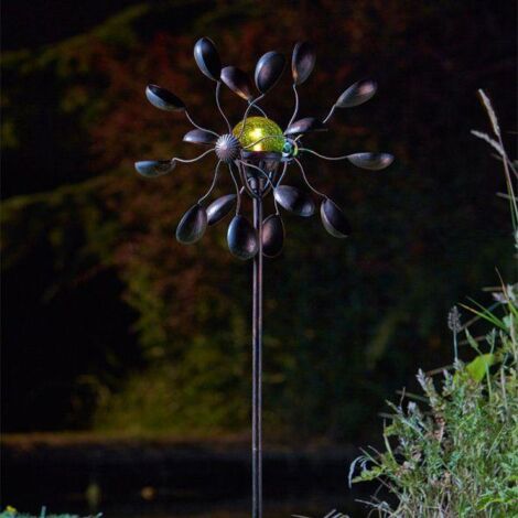 LED Solar Light Up Garden Wind Spinners With Colour Changing LED Lights Metal Garden Sculptures (Gemini)