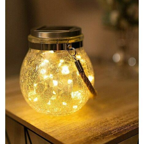Solar Crackle Glass LED Lantern Table Lamp or Hanging Lights with 30 LED Warm White Solar Lights, Firefly Lighting for Garden