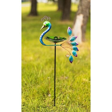Peacock Glass Birdbath Feeder Garden Feeder Colourful Glass Hand Painted Exotic Bird Bath or Feeding Station, Easy to Assemble