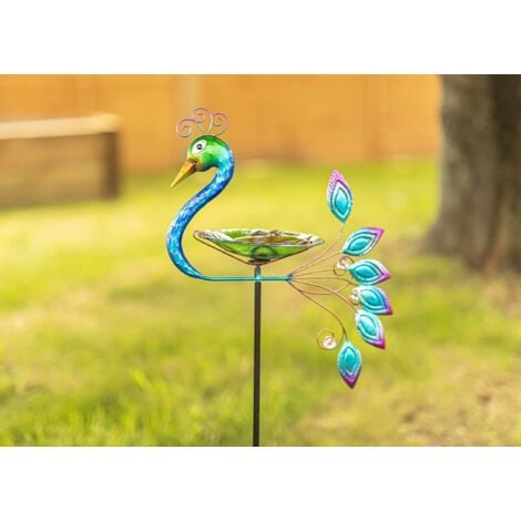 Peacock Glass Birdbath Feeder Garden Feeder Colourful Glass Hand Painted Exotic Bird Bath or Feeding Station, Easy to Assemble