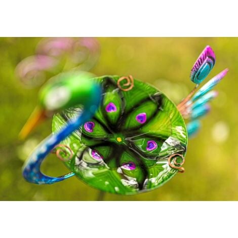 Peacock Glass Birdbath Feeder Garden Feeder Colourful Glass Hand Painted Exotic Bird Bath or Feeding Station, Easy to Assemble