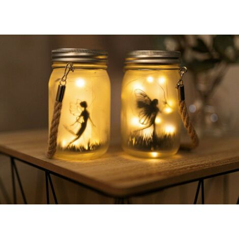 2x Solar Hanging Fairy LED Lanterns, Frosted Glass Fairy Light Lamp Garden or Indoor Mason Jar Lighting with 30 LEDs Firefly Lights