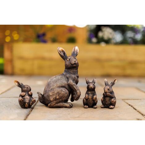 4x Rabbit Garden Ornaments Bunny Family Bronze Effect Resin Outdoor Indoor