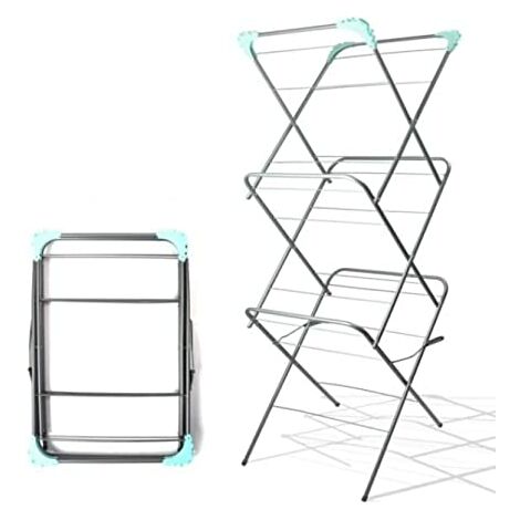 Marco Paul 3 Tier Clothes Airer with 20 Clothes Pegs Towel Washing Laundry Dryer Concertina Folding Fold Down Indoor Outdoor Patio Laundry Space Saving Clothes Rack Drying Standing (SILVER)