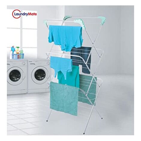 Marco Paul 3 Tier Clothes Airer with 20 Clothes Pegs Towel Washing Laundry Dryer Concertina Folding Fold Down Indoor Outdoor Patio Laundry Space Saving Clothes Rack Drying Standing (SILVER)