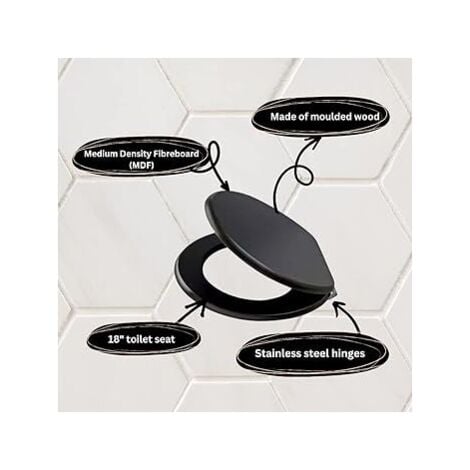 Marco Paul 18" Standard Traditional White Wooden MDF Toilet Seat Universal Adjustable to Fit Most Toilets Oval Seat with Hinges & Parts (Black)