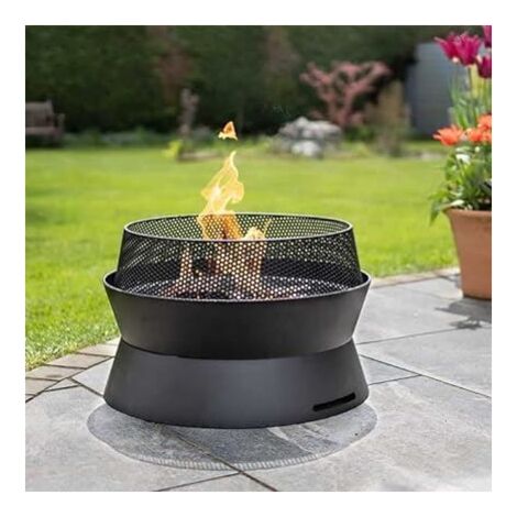 Black Steel Round Vigor Fire Pit for Garden Modern Metal Fire Bowl with 360 Flame View and Grill Edge Outdoor Portable Heater Log Burner for Garden BBQ Camping Easy Assembly