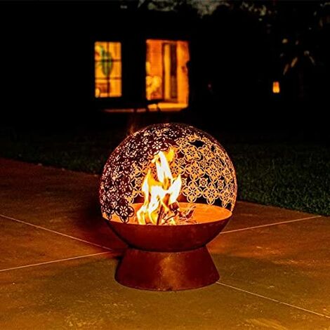 Hand Welded Silhouette Oxidised Steel Fire Globe Laser Cut Rust Effect Fire  Pit Round Metal Garden Outdoor Patio Decking Fire Basket Wood Burner Party  Fire Basket (Damasque H61cm)