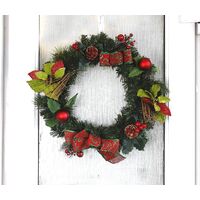 Christmas Red & Green Door Wreath with Baubles Pine Cones 40cm Hanging Garland