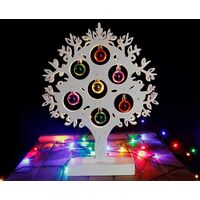 Christmas Tree Wooden Light Ormanent LED Xmas Tree Decoration Lit Up Xmas Centerpiece Multi Coloured Baubles Warm White LED Lights