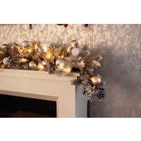 Christmas Garland Silver Snow Tipped Xmas Luxury Decorative Winter Garland with 30 Warm White LED Lights Pine Cones Baubles & Faux Flowers – Battery