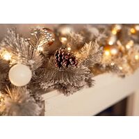 Christmas Garland Silver Snow Tipped Xmas Luxury Decorative Winter Garland with 30 Warm White LED Lights Pine Cones Baubles & Faux Flowers – Battery