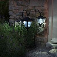 2x Coach Lamps, Solar LED Garden Lighting, Black Shepherds Crook Hanging Victorian Coach Lantern