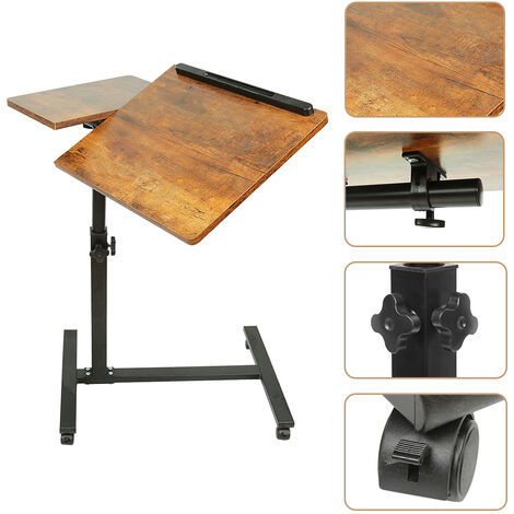 Table Ordinateur Avec Roulettes Bureau Mobile WODFARR Avec Roulettes - Plateau Inclinable, Hauteur Réglable 67-117 Cm - Design Chêne Foncé 60x60 Cm