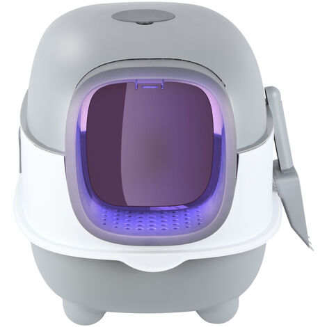 Aqrau Bac à Litière pour Chat,Maison de Toilette pour Chat Fermé, Stérilisation et Désodorisation aux Ultraviolets avec Pelle, Nettoyage Facile Gris