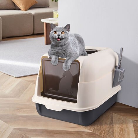 Aqrau Maison de toilette chat fermée, Bac Litière pour Chat avec Toit Ouvrant et Pelle, 36x51x34cm Noir
