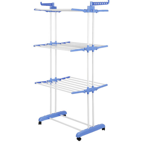 Aqrau Étendoir séchoir à linge, Etendoir robuste ailes pliables 3 niveaux, Séchoir à linge modulable avec Roues, pour Intérieur et Extérieur, Bleu (1/5)