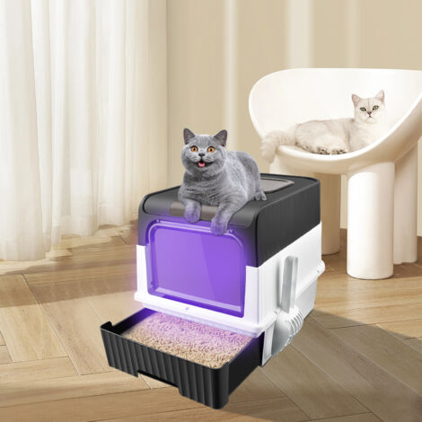 Bac Litière Chat, WC pour Chats, Bac à Litière avec Pelle - Stérilisation et Désodorisation aux Ultraviolets - PP Plastique Noir