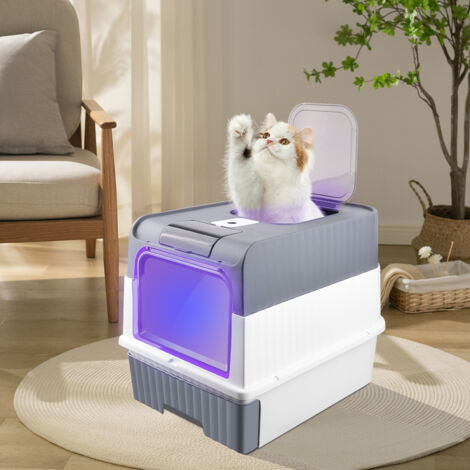 Bac Litière Chat, WC pour Chats, Bac à Litière avec Pelle - Stérilisation et Désodorisation aux Ultraviolets - PP Plastique Gris