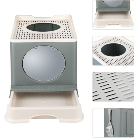 Bac Litière Chat, WC pour Chats, Bac à Litière avec Pelle - Maison de toilette pliable pour chat - PP Plastique Gris