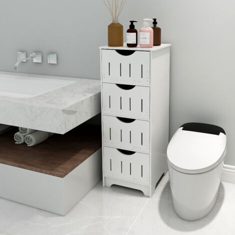 Badezimmerschrank, Stauschrank, Freistehender Schrank, mit 4 Schubladen, Mehrzweckschrank Nachttisch, 30 x 30 x 82cm, Weiß (1/5)