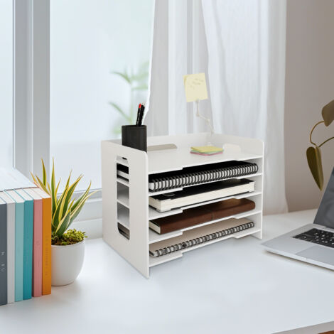 Organiseur avec tiroir, Organiseur de bureau, bac à courrier à 5 niveaux avec porte-magazines, pour Bureau Maison et École (Blanc) (1/5)