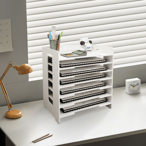 Organiseur avec tiroir, Organiseur de bureau, bac à courrier à 7 niveaux avec porte-magazines, pour Bureau Maison et École (Blanc) (1/5)