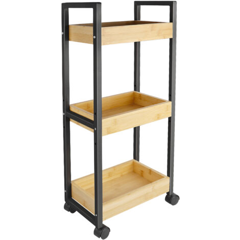 Chariot de Salle de Bain, Bambou, Chariot de Rangement à 3 Niveaux sur roulettes, Chariot de Cuisine étroit, Chariot de Niche avec 3 paniers - Étagère de Salle de Bain - Noir (1/5)