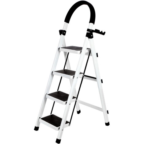Escabeau professionnel 4 Marches Pliant, Escabeaux Pliant avec Marchepied Antidérapant et Large, avec Poignée, Sécurité - Idéal travaux, peinture, rénovation-Blanc