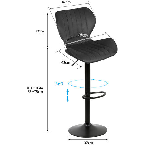 Aqrau Lot de 2 Tabourets de Bar, Hauteur Réglable Chaise de Bar Cuisine Pivotant sur 360°,Dossier et Repose-pieds - Gris foncé (1/5)