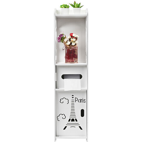 Aqrau Armoire de sol de salle de bain, étagères de salle de bain, avec porte-papier hygiénique, armoire de salle de bain, blanc (1/5)