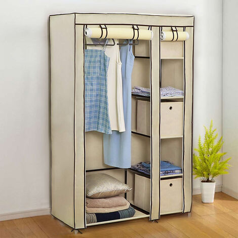 Aqrau Armoire de Rangement Garde-Robe, Penderie de vêtement Pliable en Tissu Non-tissé, avec Compartiments et Tringles, 2 Portes, Beige 110 x 45 x 175 cm (1/5)