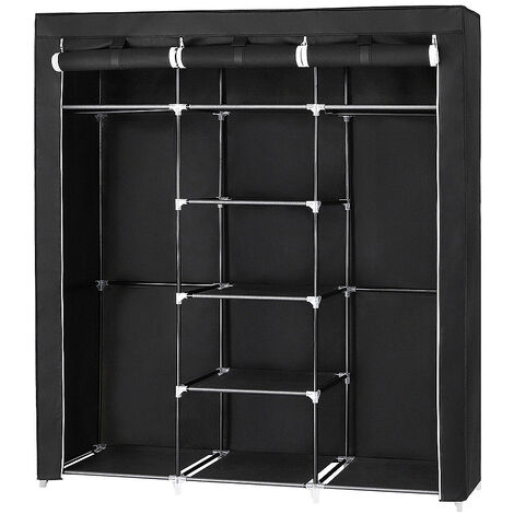 Aqrau Armoire de Rangement Garde-Robe, Penderie de vêtement Pliable en Tissu Non-tissé, avec Compartiments et Tringles, 3 Portes, Suspendue des deux côtés, Noir 175 x 150 x 45cm (1/5)